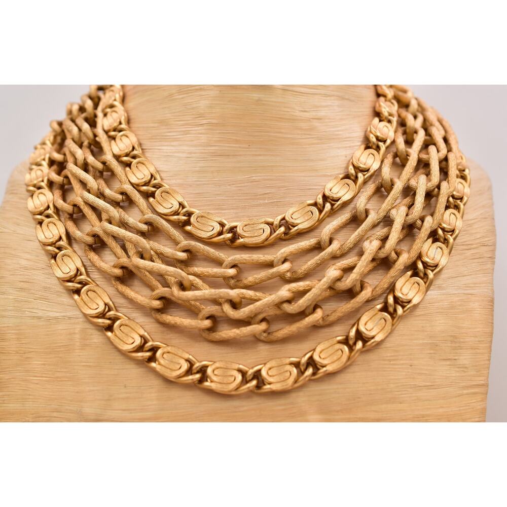 Vintage 1980s Gold Multi Strand Chain Necklace Bow Bib Statement Collar 80s BinT - Picture 2 of 12
